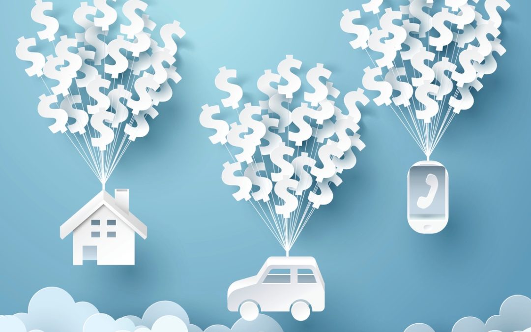 a house, car, and cell phone made of paper are floating above the clouds being held by dollar sign balloons