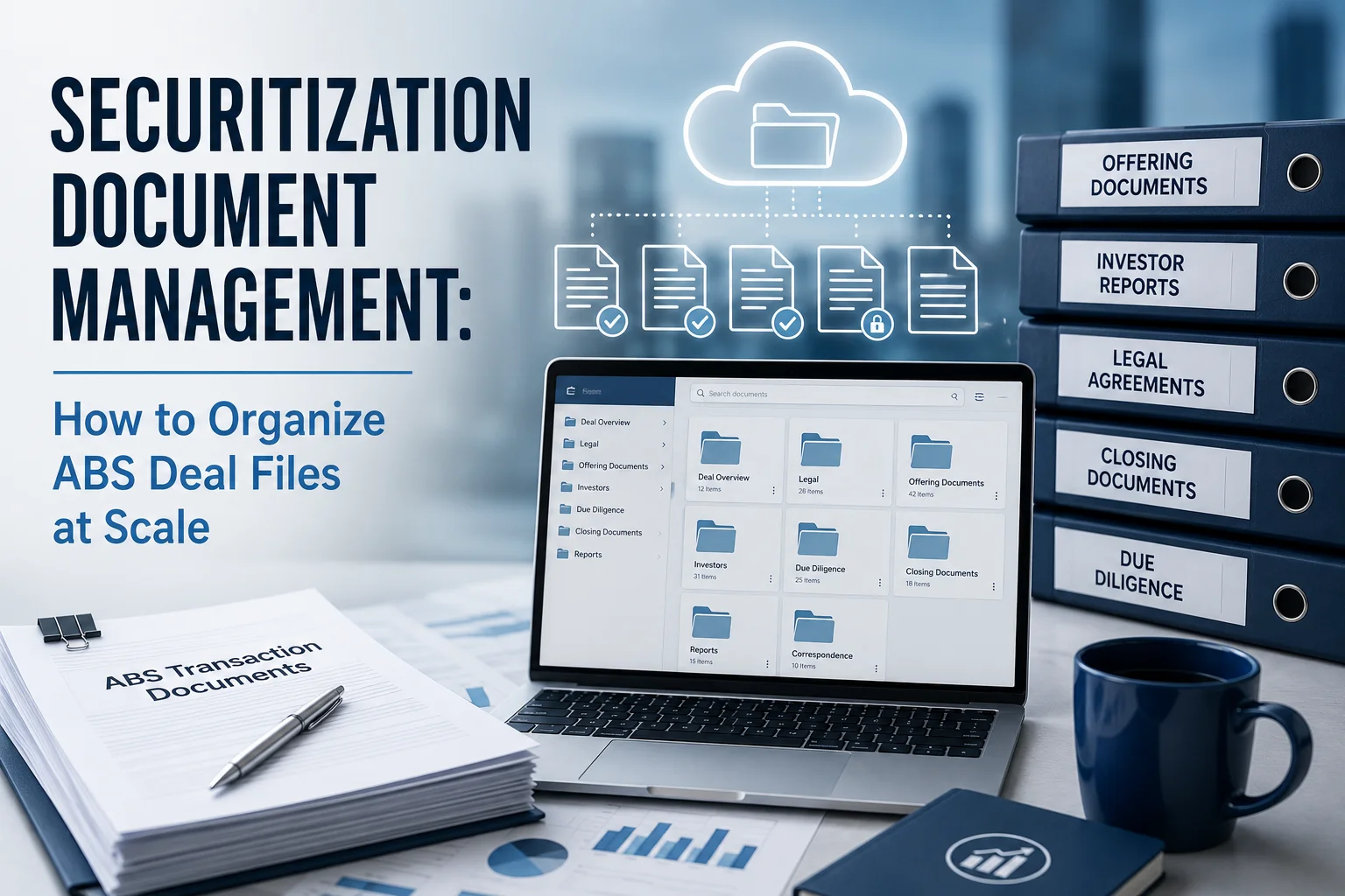 Securitization Document Management dashboard organizing ABS deal files with cloud-based folders and financial transaction documents.