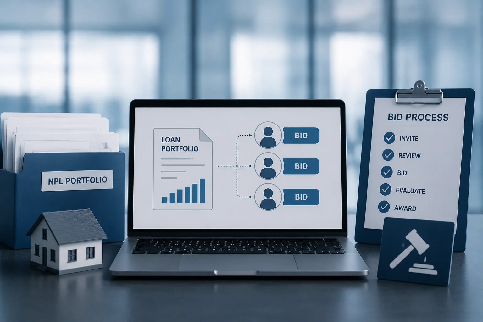 NPL Loan-Sale Collaboration platform supporting secure document sharing and competitive bid management for non-performing loan sales.