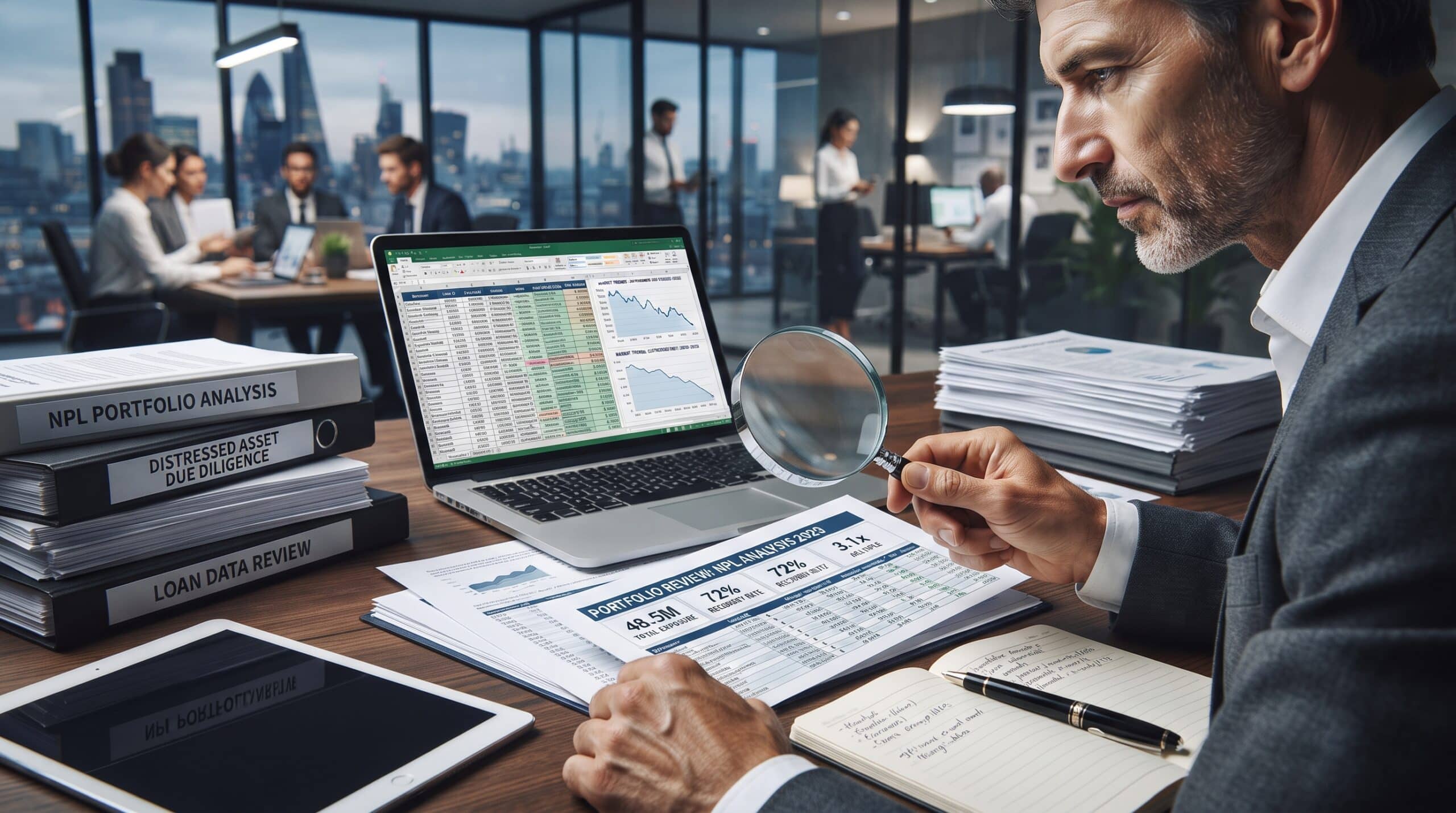 Professional featured image for 'Distressed-Asset Due Diligence: A Buyer's Guide to Reviewing NPL Portfolios'. High-quality corporate aesthetic, magnifying glass over financial documents and spreadsheets, graphs showing market trends, serious blue and charcoal color palette, photorealistic, sharp focus.